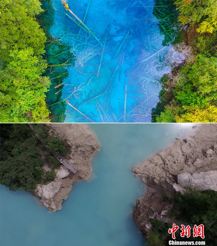Naturschutzgebiet Jiuzhaigou vor und nach dem Erdbeben aus der Luft