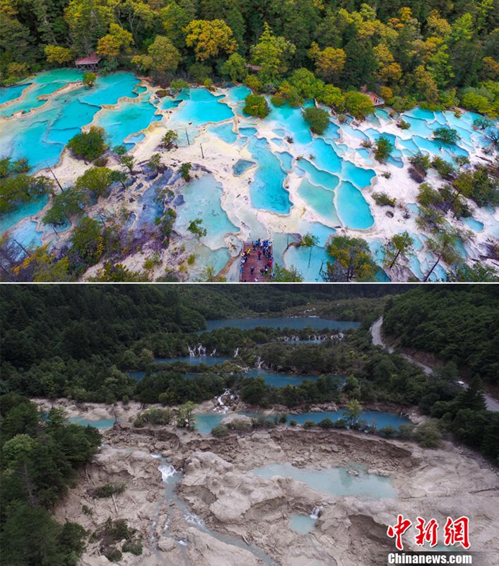 Naturschutzgebiet Jiuzhaigou vor und nach dem Erdbeben aus der Luft