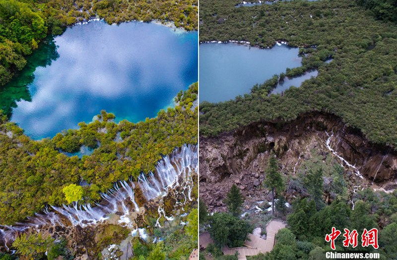 Naturschutzgebiet Jiuzhaigou vor und nach dem Erdbeben aus der Luft