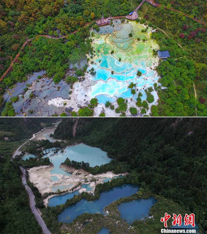 Naturschutzgebiet Jiuzhaigou vor und nach dem Erdbeben aus der Luft