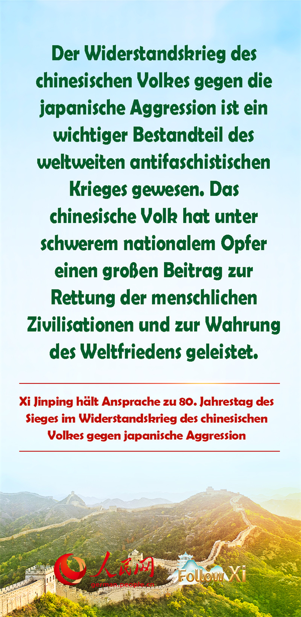 Kernaussagen von Xis Ansprache zum 80. Jahrestag des Sieges im Widerstandskrieg des chinesischen Volkes gegen die japanische Aggression