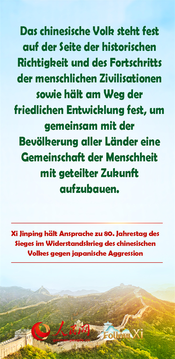 Kernaussagen von Xis Ansprache zum 80. Jahrestag des Sieges im Widerstandskrieg des chinesischen Volkes gegen die japanische Aggression