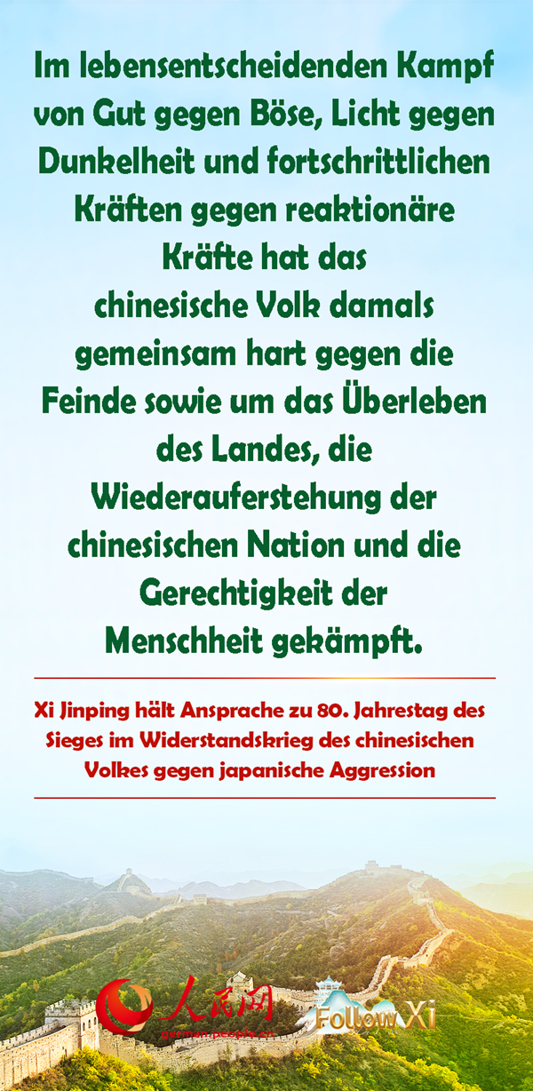 Kernaussagen von Xis Ansprache zum 80. Jahrestag des Sieges im Widerstandskrieg des chinesischen Volkes gegen die japanische Aggression